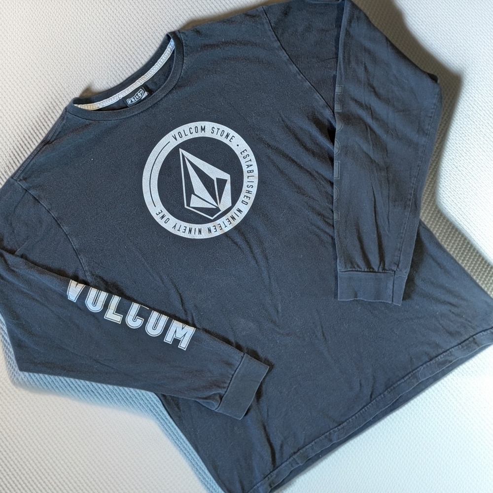 Volcom Stone Black Cotton Graphic Logo Crew Neck Men's L Long Sleeve T-Shirt